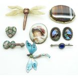 Two silver brooches set with butterfly wing, enamel dragonfly brooch, micro mosaic brooches,