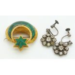 Pair of Victorian paste earrings and a Victorian brooch set with malachite in a crescent and star