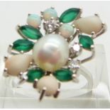 An 18ct white gold ring set with a pearl, marquise cut chrysoprase, round opal cabochons, pear cut