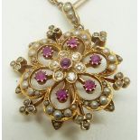 Edwardian 15ct gold brooch/ pendant set with seed pearls, diamonds and pink sapphires, on a 9ct gold