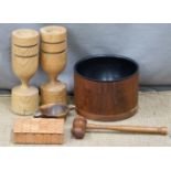 COLLECTING Retro Danish rosewood lined ice bucket and other treen items including a pair of candle