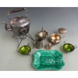 Silver plated ware including spirit kettle on stand, salts, hallmarked silver mounted glass pot,