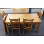 Modern light oak extending dining table and six chairs, unextended 180 x 95 x 76.5cm, chair height