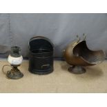 Two coal scuttles and advertising lamp base