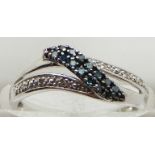 A 9ct white gold ring set with blue and clear diamonds, 2.0g, size M