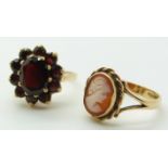 A 9ct gold cameo ring and a 9ct gold ring set with garnets, 7.4g