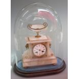 19thC alabaster mantel clock on base with glass dome, the clock 27cm, dome 39cm