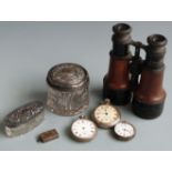 Two hallmarked silver topped dressing table pots, three pocket watches, two being white metal cased,