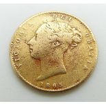 1865 Queen Victoria young head gold half sovereign, shield reverse