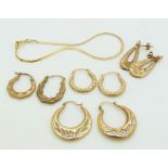 Three pairs of 9ct gold earrings (2.7g) and a 14k gold bracelet (0.9g)