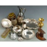 Silver plated and metal ware including WMF vases, Japanned tea caddy, muffin dish, Festival of