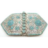 Nepalese, Indian or Burmese white metal buckle set with turquoise, overall width 13.5cm