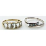 A 9ct white gold ring set with diamonds and aquamarines and a 9ct gold ring set with five opal cut