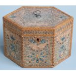Georgian quilled paper hexagonal tea caddy, each surface having quilled and gilt paper scroll