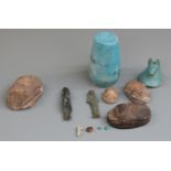 A quantity of Egyptian style artifacts including scarabs, bronzes, canopie jar