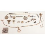 A collection of jewellery including a silver ring, RAF brooch, gold plated Victorian fob chain,