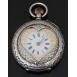 Continental silver keyless winding open faced pocket watch with heart shaped dial surround, multi-