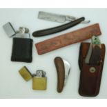 Schrade USA twin bladed pocket knife in leather case, Zippo Sea Harrier lighter; other lighters,