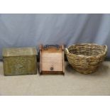 Oak coal box, brass box and log basket