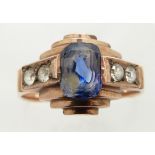 Art Deco rose gold ring set with an emerald cut sapphire and white sapphires, 4.1g, size P