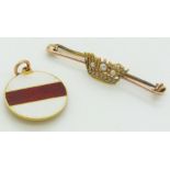 A 15ct gold brooch set with seed pearls in a cornet setting and a yellow metal medallion set with