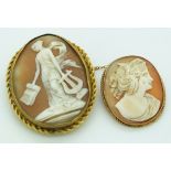 A 9ct gold brooch set with a cameo and another Victorian cameo brooch