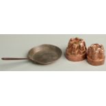 Two 19th century copper jelly moulds, one with chain link design to top marked 'Temple & Crook