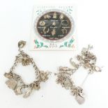 Two silver charm bracelets including elephant, owl, cat, handbag, boats, and a packet of silver
