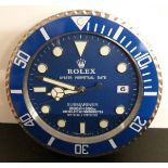 Rolex Oyster Perpetual Date Submariner shop display or advertising wall clock with date aperture,