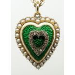 Victorian heart shaped pendant/ locket set with green guilloché enamel, diamonds in a heart and seed