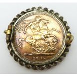 An 1887 gold full sovereign in a brooch mount