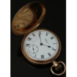 Waltham 9ct gold keyless winding full hunter pocket watch with inset subsidiary dial, blued hands,