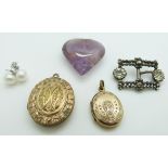 Victorian locket, amethyst pendant, cut steel buckle and a pair of pearl earrings