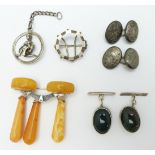 A white metal and amber brooch, two pairs of silver cufflinks, etc