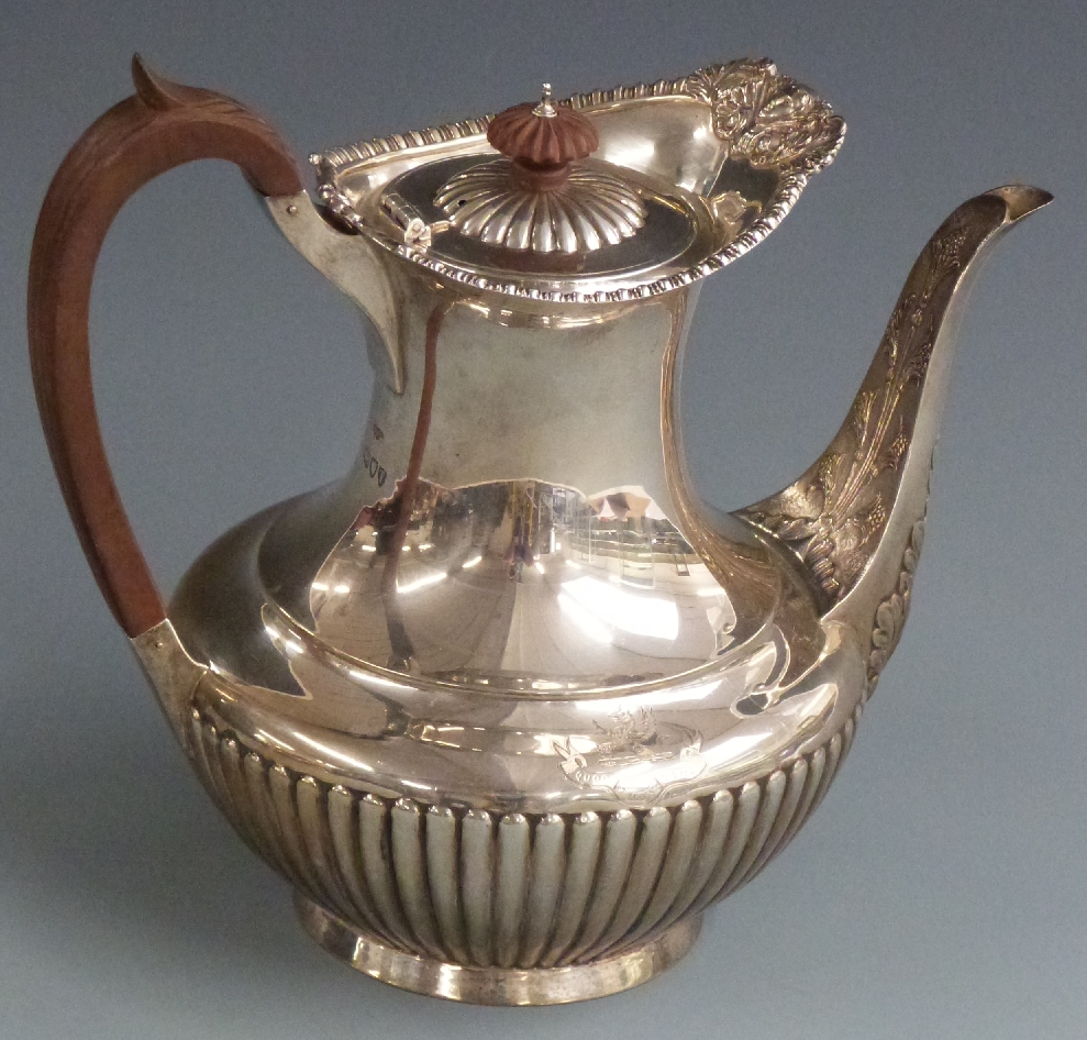 Victorian Elkington & Co. four piece hallmarked silver teaset with reeded lower section and - Image 2 of 13