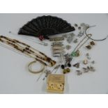 A quantity of vintage paste/ diamanté jewellery, cameo, fan, Art Deco flower necklace, silver