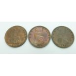 Three Victorian pennies comprising 1876 Heaton Mint, BB, 1893 example TB and an 1887 'older young