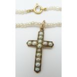 Victorian rose gold cross pendant set with split pearls on a seed pearl necklace, with 9ct gold