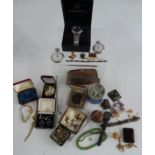 A collection of jewellery including silver Siam ring and bracelet, silver earrings, watches etc