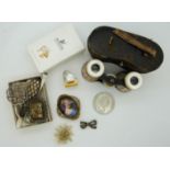 Victorian brooch, silver brooches, mother of pearl opera glasses, Swarovski miniature piano and