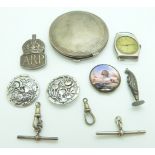 A collection of silver items including compact, buttons, Scottish silver watch, seal, ARP brooch