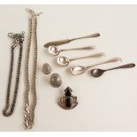 A silver spoon, silver Art Deco brooch, silver necklace, thimbles etc