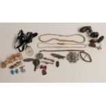 Costume jewellery including hardstone carvings, silver brooches, filigree brooch, silver etc