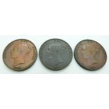 Three Victorian young head copper pennies comprising 1844 OT, 1854 PT and an 1858 OT example,
