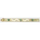 Art Deco 14ct gold bracelet set with three adventurine quartz panels and geometric pattern, 15.8g