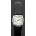 Art Deco platinum ladies wristwatch set with diamond set case, blued hands, black Arabic numerals,