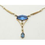 Art Deco 9ct gold necklace set with blue paste and faux pearls, 3.3g