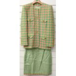 Vintage two piece Escada suit in green, pink and yellow houdstooth pattern, with gold tone buttons