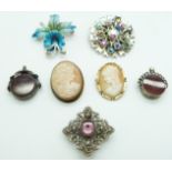 A silver brooch, two cameo brooches and a Victorian silver swivel fob,  a Victorian swivel fob set