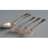 Georgian hallmarked silver table spoon length 22.5cm and three hallmarked silver dinner forks,